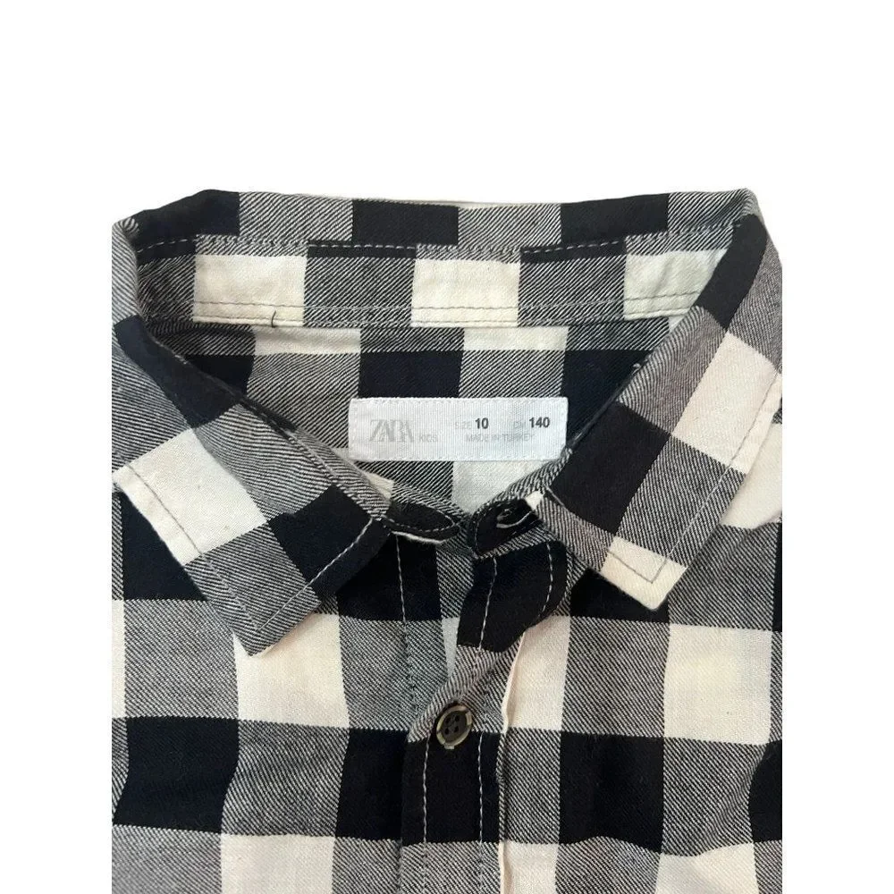 Zara Kids Size 10 140 cm Buffalo Check Shirt‎ Button Down Cotton Black White NWT